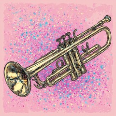 Vibrant Trumpet Illustration: Whimsical Brass Instrument Artwork on Pink Background