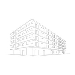 Architectural sketch of a modern apartment building with balconies