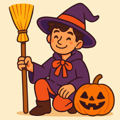 A cheerful young man dressed as a funky witch sits beside a smiling jack-o'-lantern, holding a broomstick and grinning warmly. The style is colorful, playful, and cartoonish.