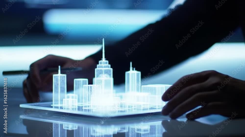 Poster close up of person's hands working on an interactive holographic city model on a touchscreen table d
