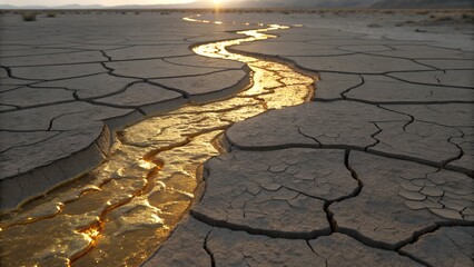 3D render of a cracked earth surface where gold liquid seeps like lava veins