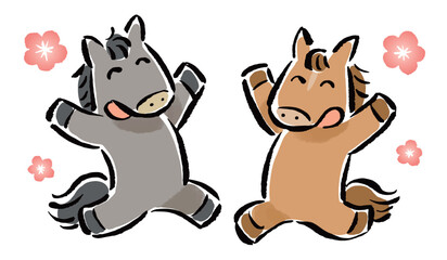 ジャンプして喜びを表すゆるキャラの馬（午）たち