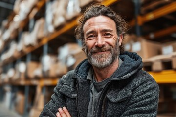 Smiling Middle-Aged Warehouse Worker in Casual Outfit Demonstrates Inventory Management and Teamwork Spirit in Industrial Setting