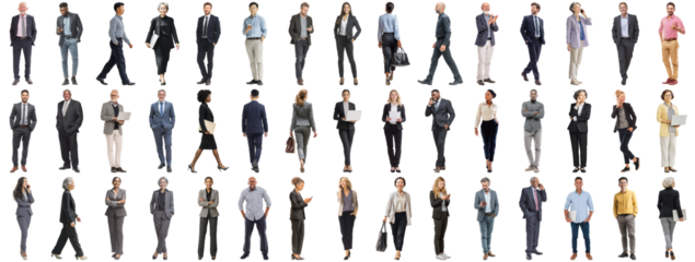 Set of business people in various actions on isolated background. Businesspeople, businesswomen, businessmen office worker in full body length studio professional shot in casual and formal wear