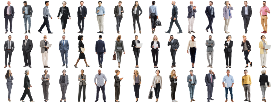 Set of business people in various actions on isolated background. Businesspeople, businesswomen, businessmen office worker in full body length studio professional shot in casual and formal wear - Powered by Adobe