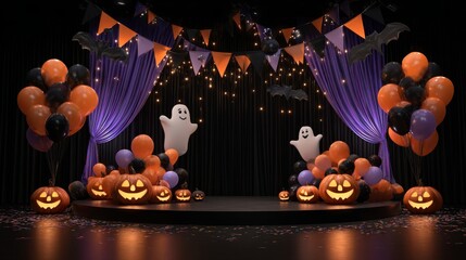 3D halloween party stage background, glowing jack-o'-lanterns, orange and black balloons, spooky ghost figure, bats flying, black curtains, triangular garlands in orange purple and black