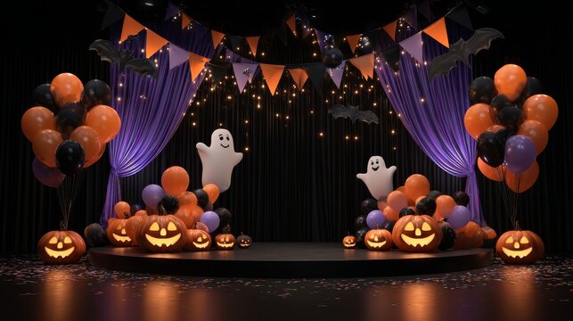3D halloween party stage background, glowing jack-o'-lanterns, orange and black balloons, spooky ghost figure, bats flying, black curtains, triangular garlands in orange purple and black