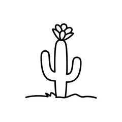 Simple hand drawn outline of a saguaro cactus with a flower blooming on top in the desert