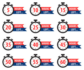 Set of countdown timers in flat design style showing time remaining from 5 to 60 hours. Perfect for sales, deadlines, marketing campaigns, time management visuals, and infographics.