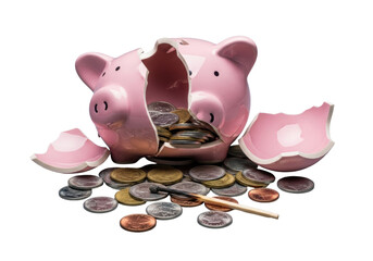 Smashed pink ceramic piggy bank with sharp shards, metallic copper, silver, gold coins, and a burnt matchstick on a transparent studio background, concept of financial loss