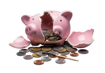 Smashed pink ceramic piggy bank with sharp shards, metallic copper, silver, gold coins, and a burnt matchstick on a transparent studio background, concept of financial loss