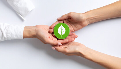 Green Leaf Icon of Sustainability: A close-up shot captures two pairs of hands tenderly holding a green leaf icon, emphasizing the significance of environmental protection and sustainable practices.