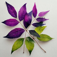 Colorful leaves in vibrant shades, detailed and artistic, on white isolate background.