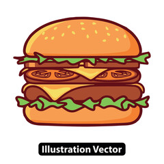 Cartoon style double cheeseburger with lettuce and tomato, a classic fast food meal icon