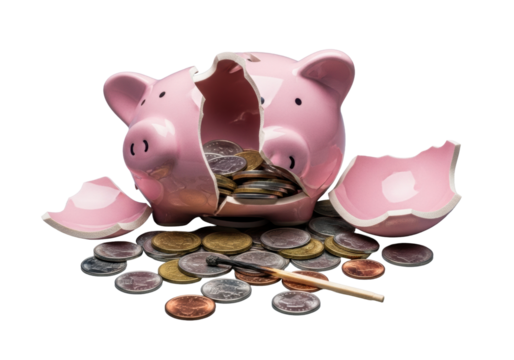 Smashed pink ceramic piggy bank with sharp shards, metallic copper, silver, gold coins, and a burnt matchstick on a transparent studio background, concept of financial loss