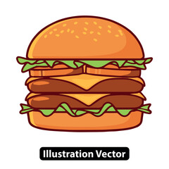 Cartoon double cheeseburger with lettuce and tomato vector illustration on a white background