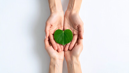 Hands Embracing Nature: A pair of hands tenderly cradle a heart-shaped leaf, symbolizing care, protection, and the interconnectedness of humanity with nature.
