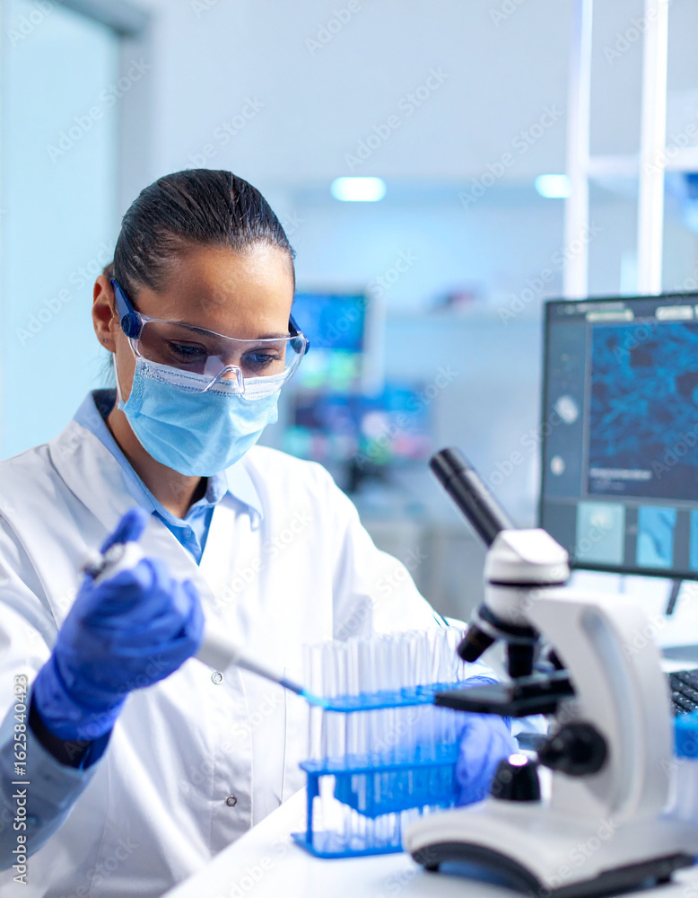 Poster scientific precision: a focused scientist in a laboratory setting, meticulously conducting research 