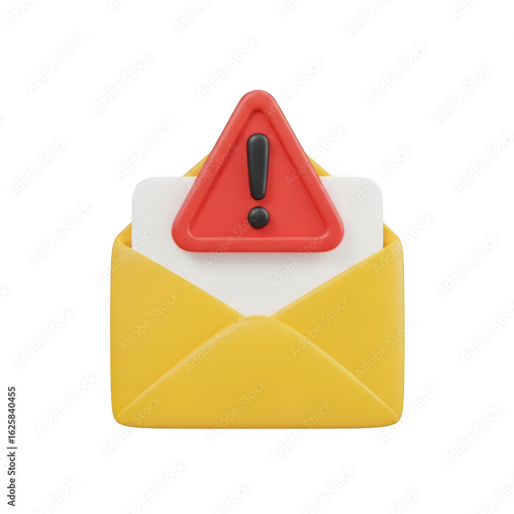 Poster 3d icon of 3d render of an email icon with a red warning triangle and exclamation mark, isolated on 