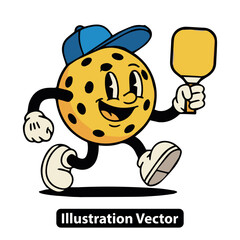 Retro cartoon pickleball character mascot running with a paddle. Happy vintage sport illustration.