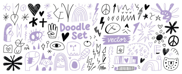 Black and Purple Doodle Elements Collection on White Background hand drawn illustration