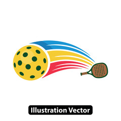 Dynamic pickleball sport concept with a fast-moving ball, paddle, and colorful swoosh