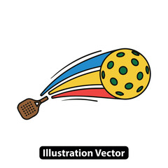 Dynamic pickleball sport illustration of a paddle hitting a yellow ball with colorful motion trails.