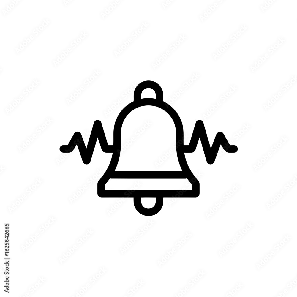Poster simple line drawing of a bell with sound waves emanating from it, concept for alarm systems, notific