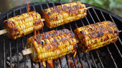 Mouthwatering grilled corn on the cob with smoky char, perfect for summer barbecues. A delightful and vibrant addition to any outdoor cooking event.