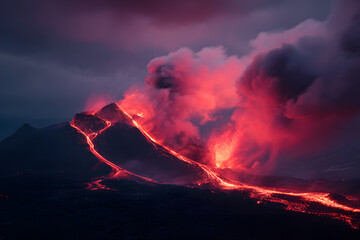 Fototapeta premium Dramatic volcanic eruption with a towering plume of ash and smoke rising into the sky, showcasing nature's power and intensity.
