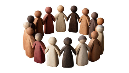 Diverse figures in a circle, holding hands.  A group of simple wooden figurines, various skin tones, arranged in a tight circle, hands clasped.  Friendly, community, unity,  representation