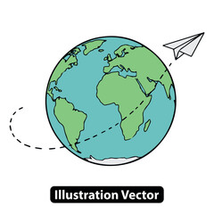 A paper airplane illustration flying around the cartoon globe on a world travel journey concept.