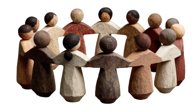 Diverse figures in a circle, arms around each other