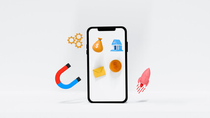 3D Illustration of Mobile Banking and Financial Growth Concept with Icons and Smartphone
