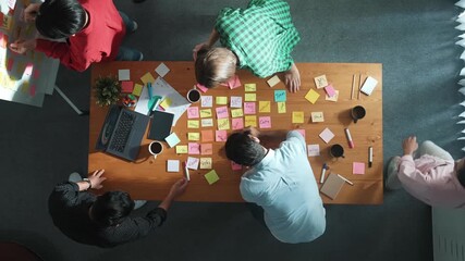 Time lapse of business team choose brainstorming idea and stick sticky notes at whiteboard. Group of diverse people working together sharing idea by using notes and equipment at table. Convocation. - Powered by Adobe
