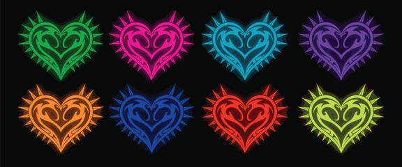Eight Tribal Hearts in Neon Colors with Spiky Edges tattoo graphic
