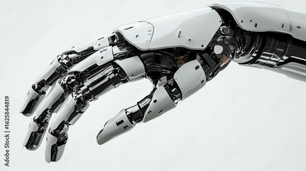 Poster close-up view of a robotic hand showcasing its intricate design and metallic components. this image 