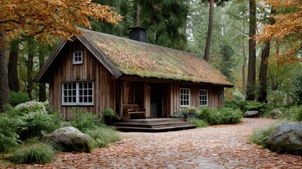 Charming Wooden Cabin in Autumn Forest Landscape with Leaf-Strewn Pathway