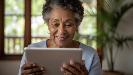 Happy senior Black woman using digital tablet at home