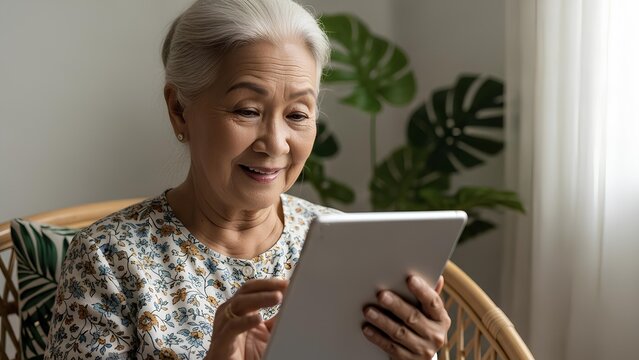 Happy senior Asian woman uses tablet at home enjoying technology