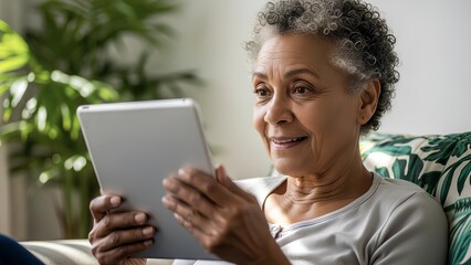 Happy senior woman using digital tablet technology at home