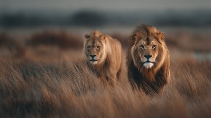 Naklejka premium Majestic Lions Roaming Freely Through the Golden Plains of the Savanna
