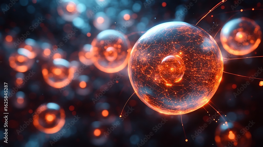 Poster abstract glowing spheres with interconnected particles and light trails, representing data networks 