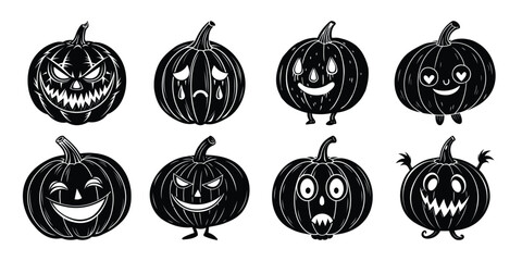 Emotional Halloween Pumpkin Faces Silhouette Vector Design Set.