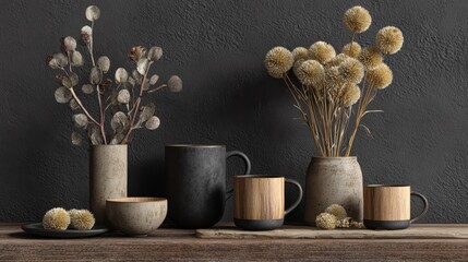 Elegant Ceramic Mugs and Natural Dried Floral Arrangement