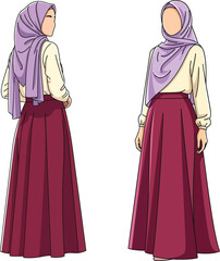 Naklejka premium Two illustrations of a faceless Muslim woman in a purple hijab and long skirt, shown from front and back views.