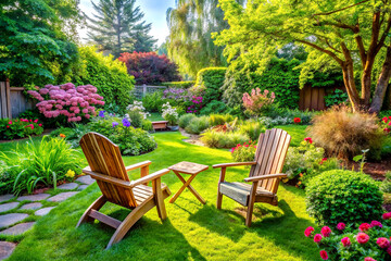 Tranquil Backyard Garden with Wooden Lawn Chairs Surrounded by Blooming Flowers. Generative AI