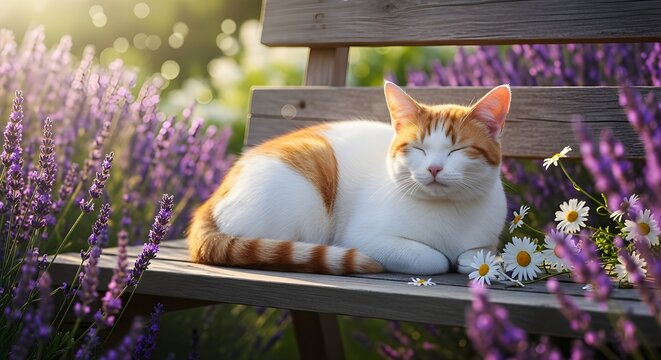 A tranquil ginger and white cat relaxing with eyes closed on a wooden bench in a beautiful, sun-drenched lavender garden.