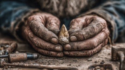 Obraz premium Close-up of Paleontologist's Hands Holding a Fossilized Tooth