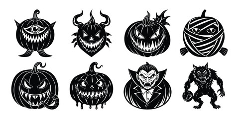 Monster-Inspired Pumpkin Faces Halloween Silhouette Vector Collection.